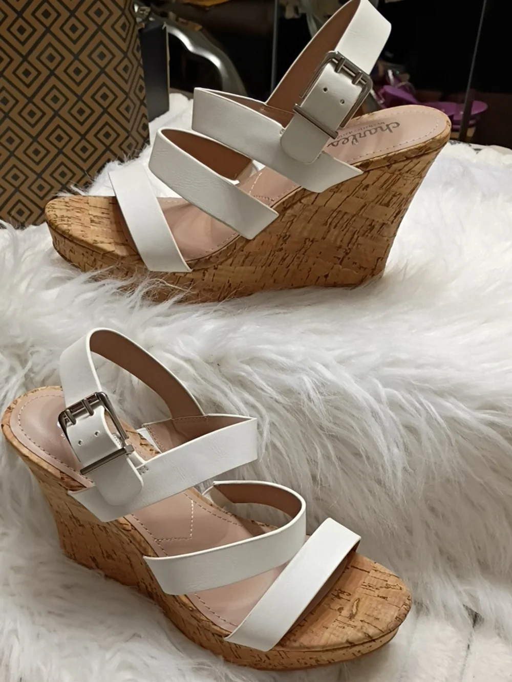 Charles By Charles Stanley Liber White Cork Wedge Sandals with Buckle Strap 7M